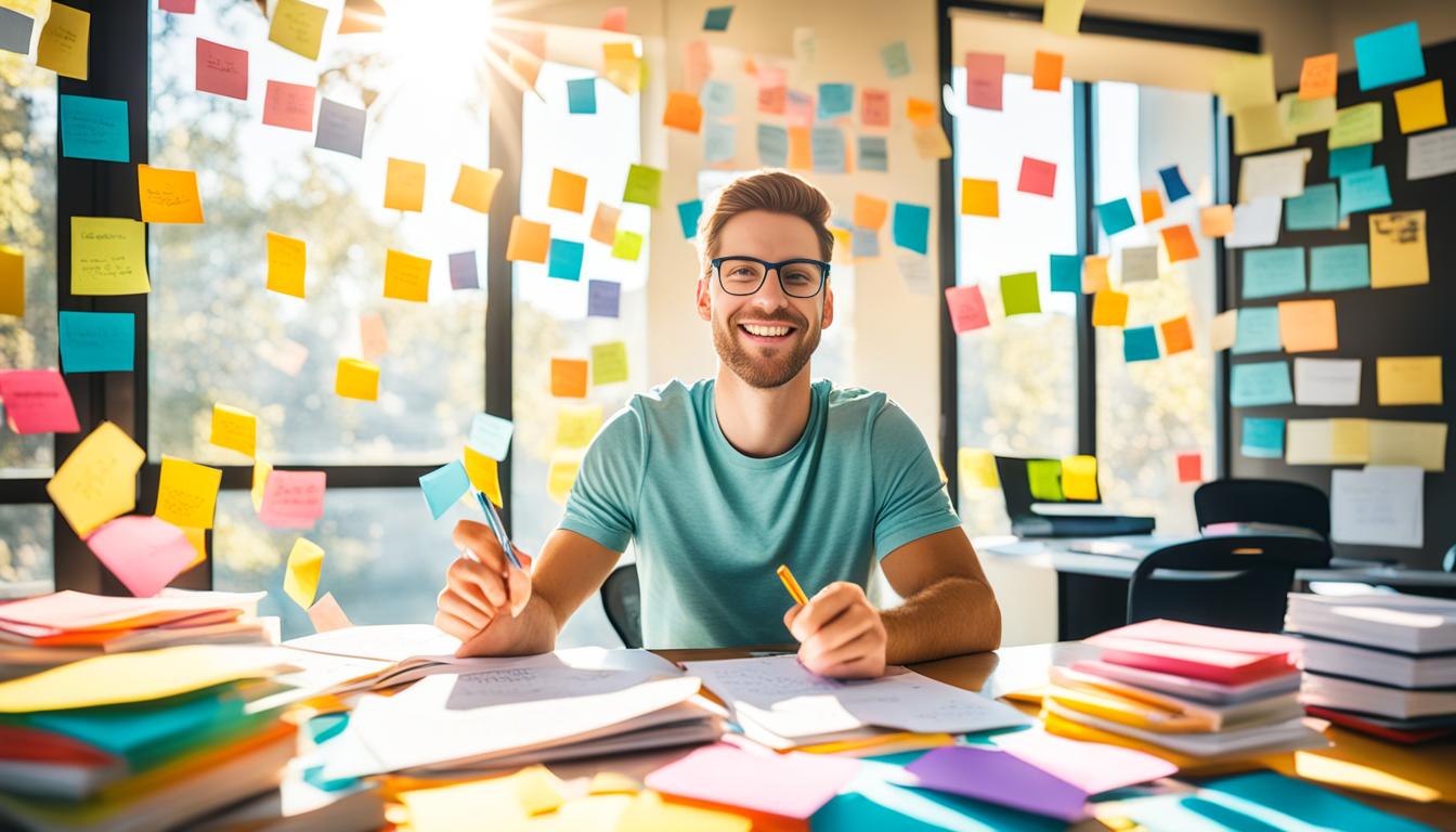 A student sitting at a desk with textbooks and notes spread out, surrounded by colorful sticky notes with positive affirmations written on them. Rays of sunlight streaming through a nearby window illuminate the scene, adding to the feeling of positivity and hopefulness.