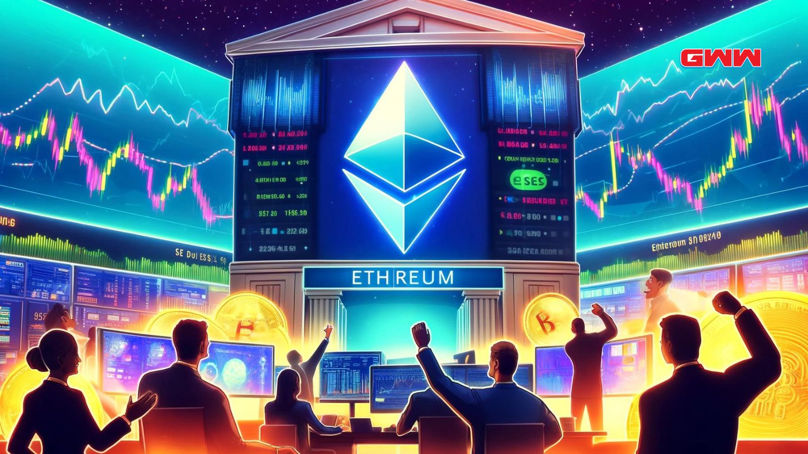 A vibrant financial scene celebrating the SEC's approval of Ethereum ETF applications
