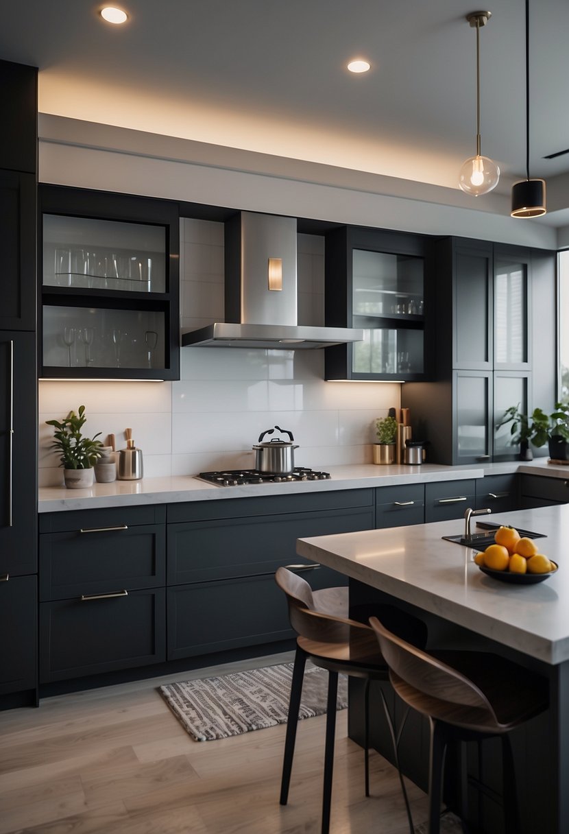 A sleek, modern kitchen with dark gray cabinets, clean lines, and minimalist design