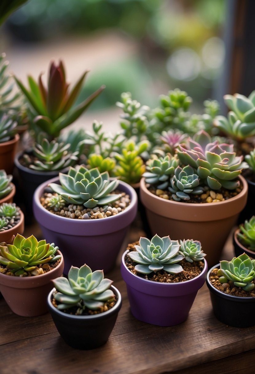 A variety of mini succulent gardens arranged in decorative pots, with vibrant green and purple hues, sitting on a wooden table