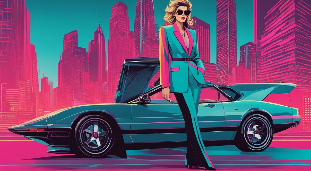 Create an image showcasing an 80s power dressing style. Include a confident female figure wearing a structured blazer with shoulder pads, high-waisted trousers, and pointed-toe pumps. The color scheme should be bold, featuring bright neon hues such as pink and turquoise. Show the figure standing in front of a sleek sports car, with a city skyline in the background to emphasize the power and sophistication of the look.