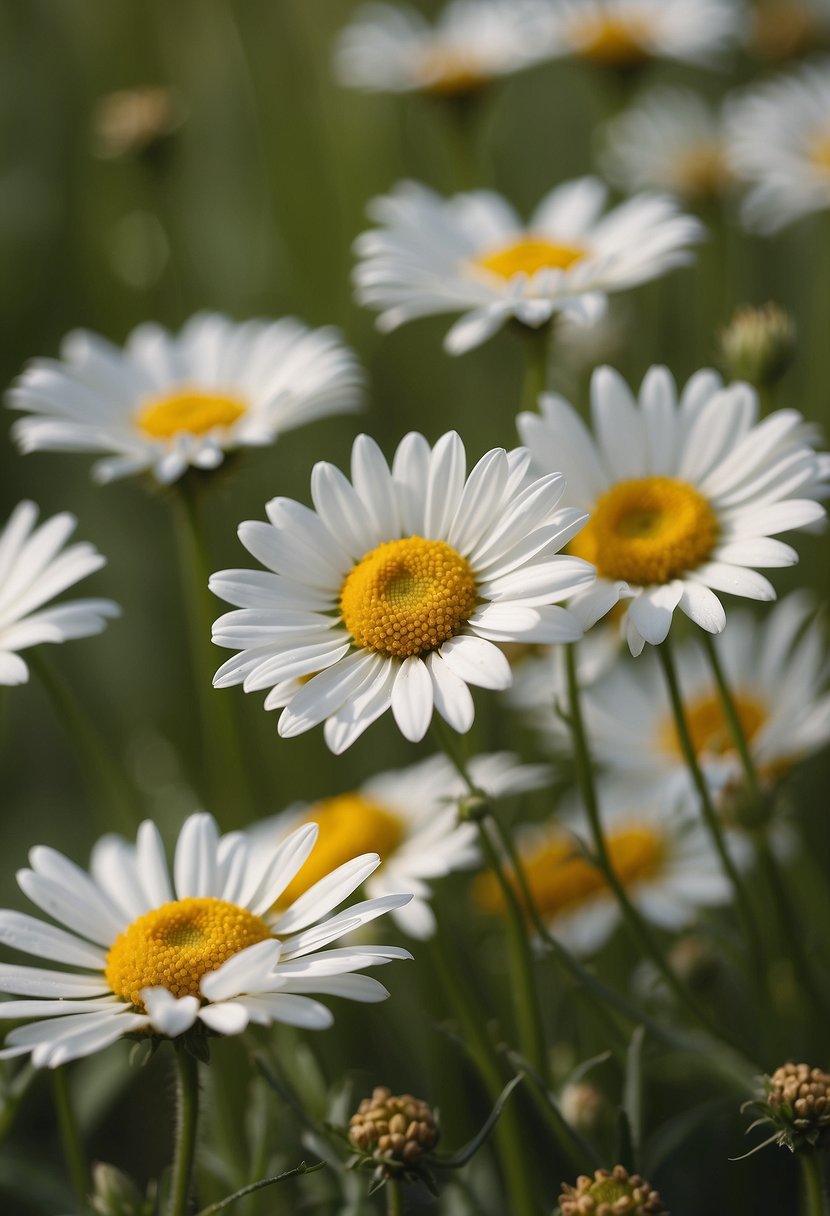 A field of 31 white daisies in full bloom