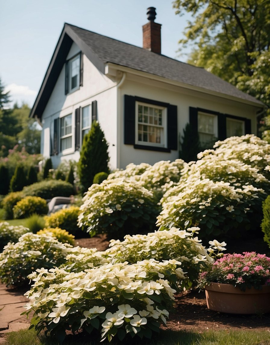 A quaint house with 21 dogwood bushes in full bloom in the front yard