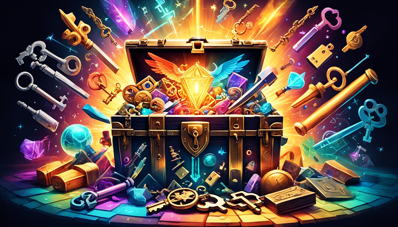 An abstract representation of unlocking a treasure chest filled with bright, glowing manifesting tools. Surround the chest with keys, symbols, and imagery that evoke the power to create and manifest anything desired. Add a sense of anticipation and excitement to the image, as if the viewer is about to unlock their own potential and join in the journey towards their goals.