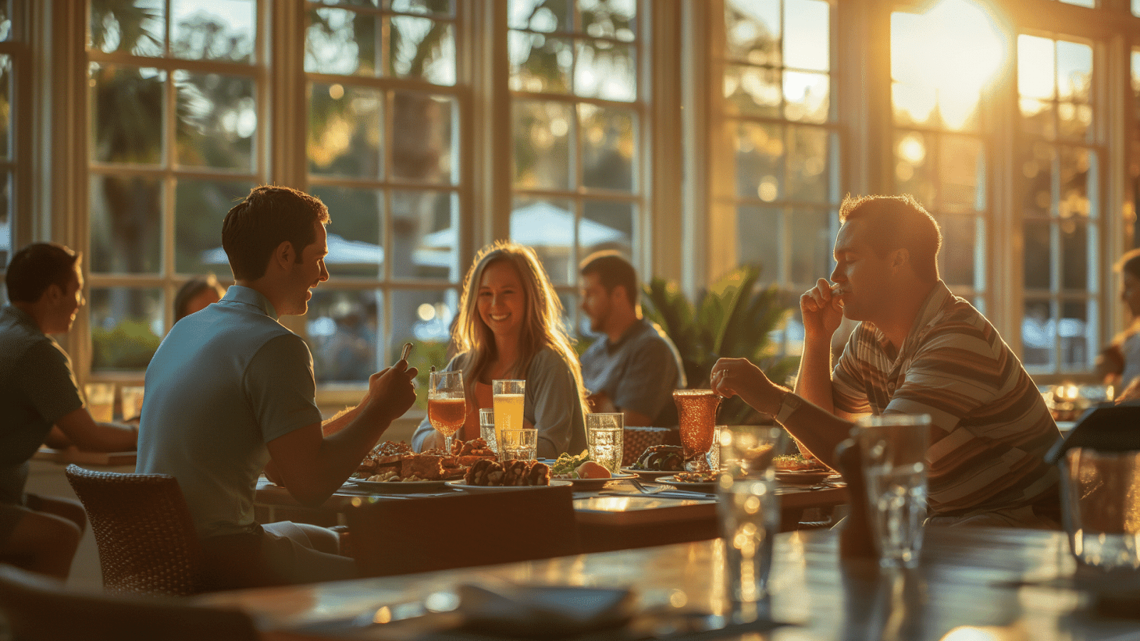 Friends dining at a restaurant that is a must-see attraction near Palmetto Dunes