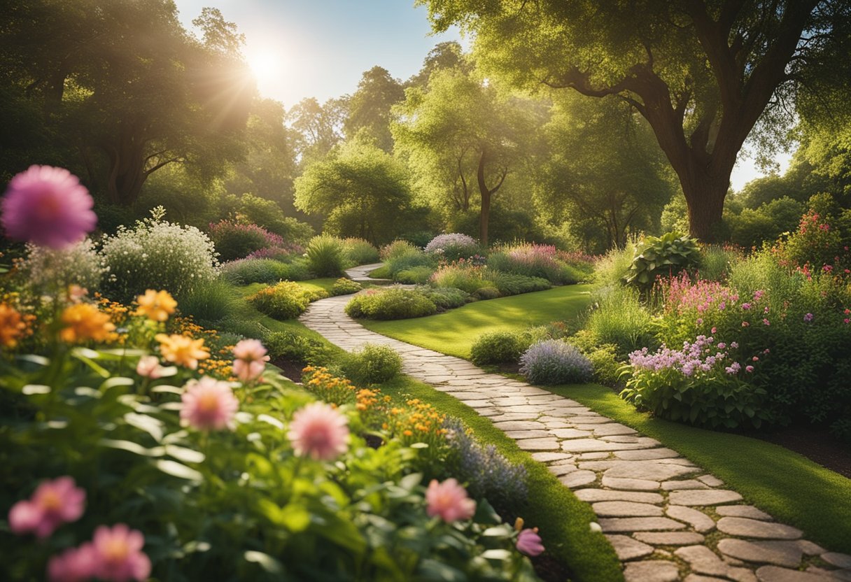 A serene garden with a winding path leading to a peaceful oasis. A gentle stream flows through the scene, surrounded by vibrant flowers and lush greenery. The sunlight filters through the trees, creating a sense of tranquility and hope