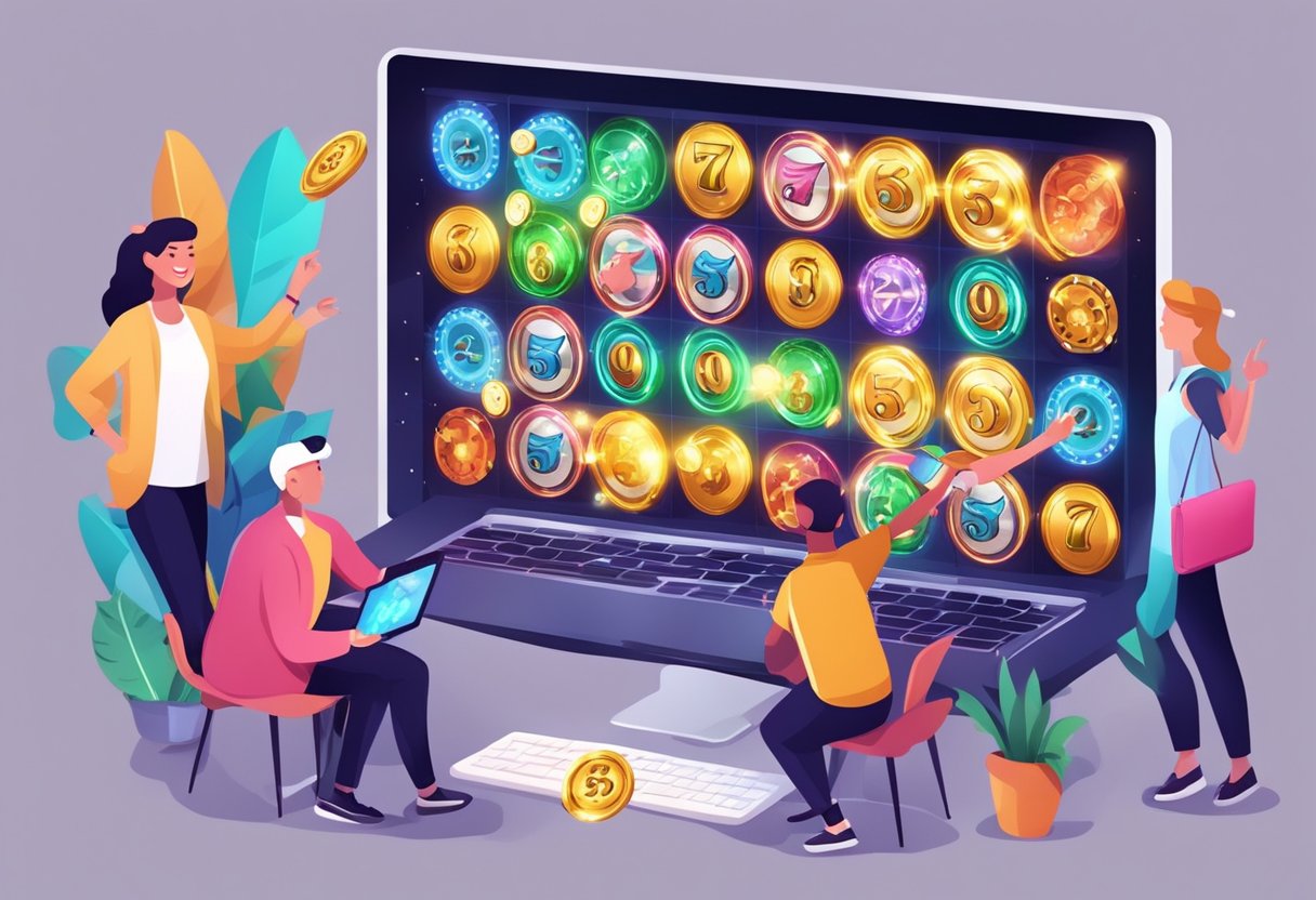 A colorful online casino with various bonus promotions displayed on the screen, surrounded by excited players enjoying the games