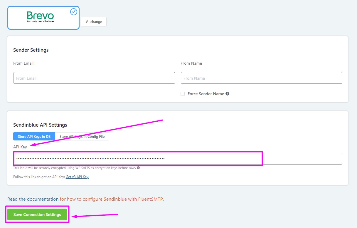 inputing brevo credentials in fluentsmtp 