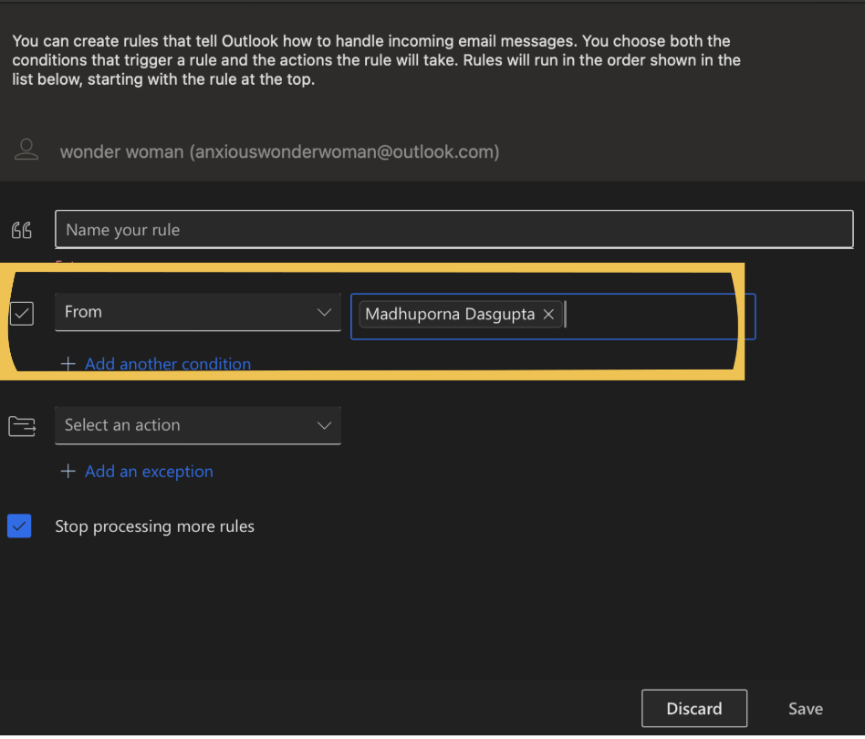 Adding a condition to define the rule in outlook