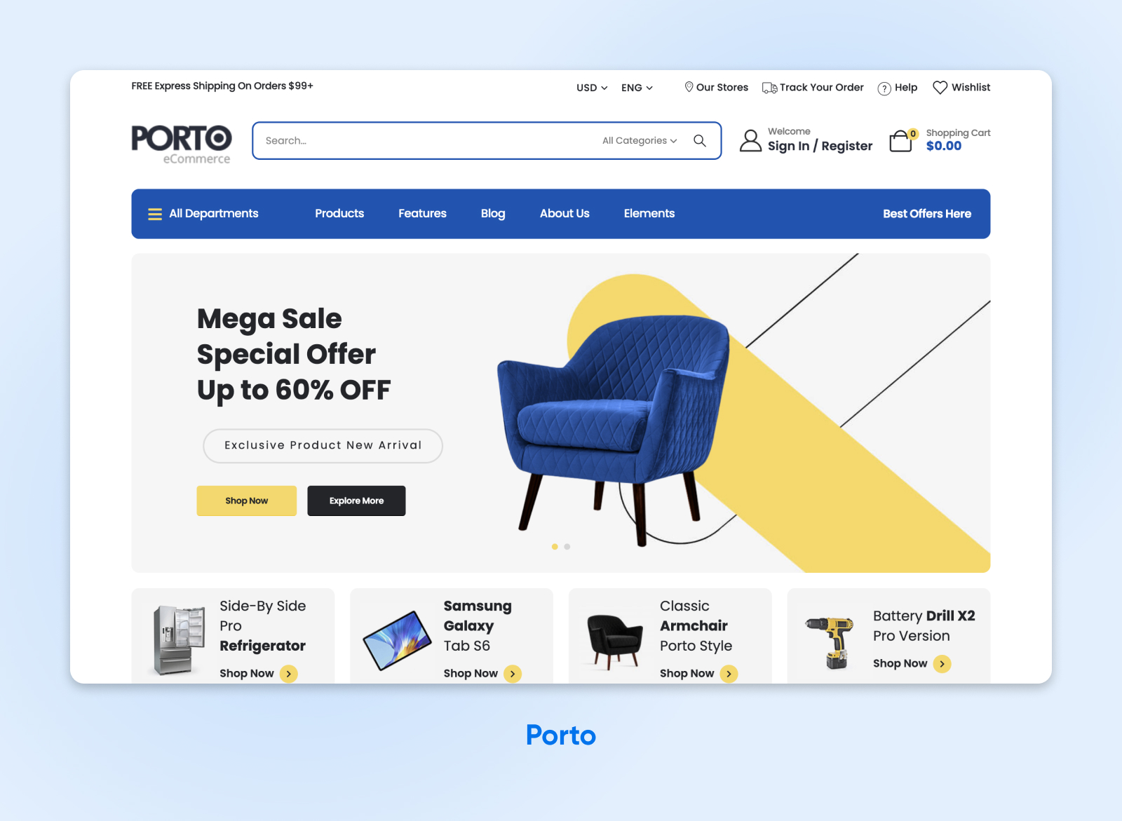 Ejemplo de página web de Oporto con temática azul y amarilla, con opciones para comprar muebles, aparatos, taladros, etc.