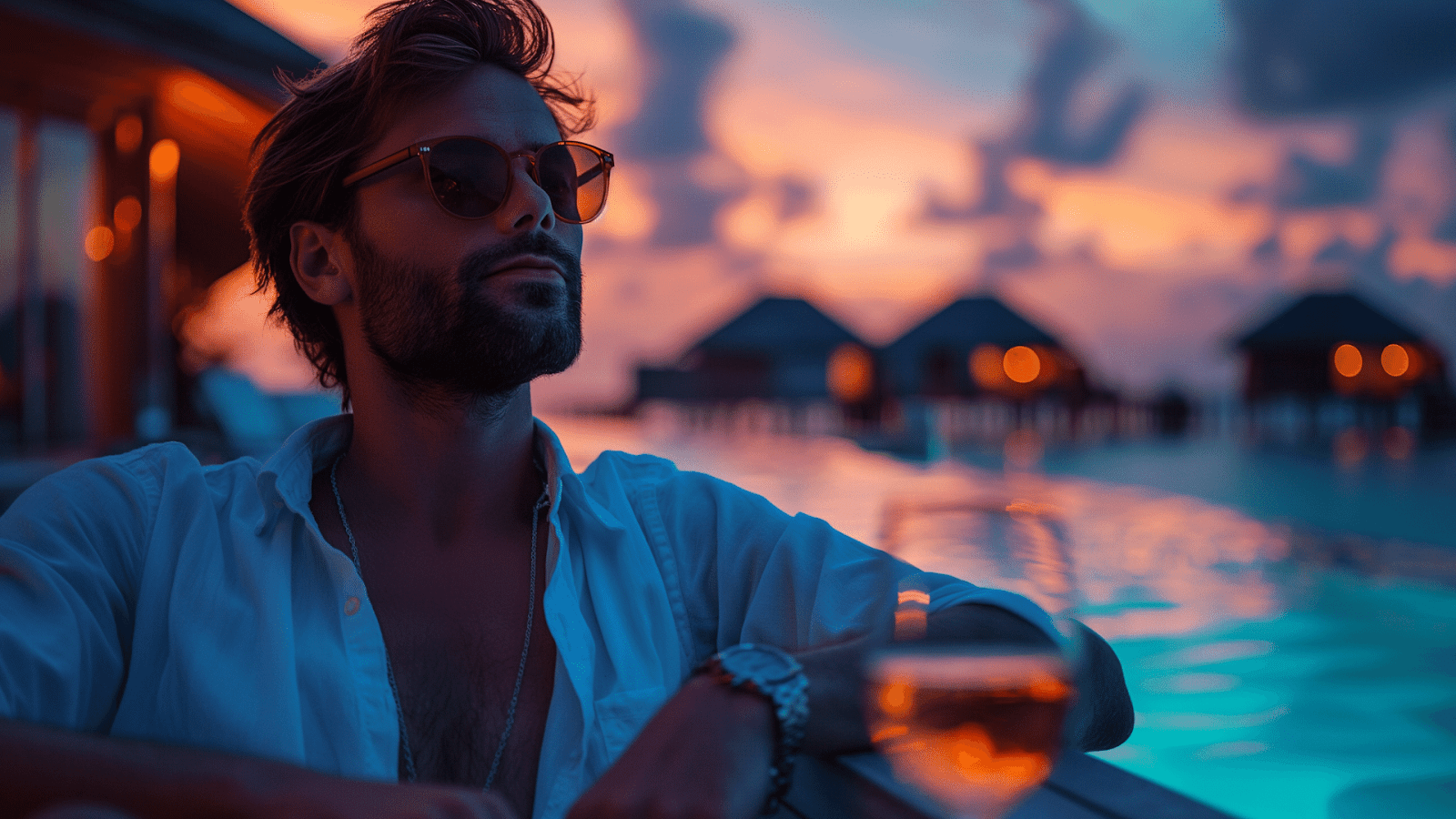 A man relaxing with drinks at a luxurious summer home rental in the Maldives