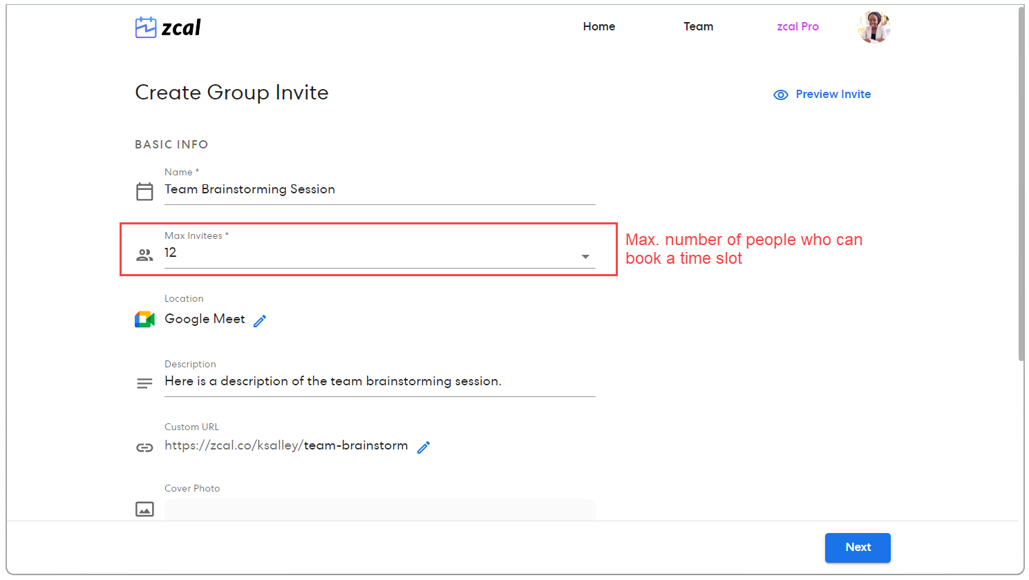 Creating a group invite in zcal