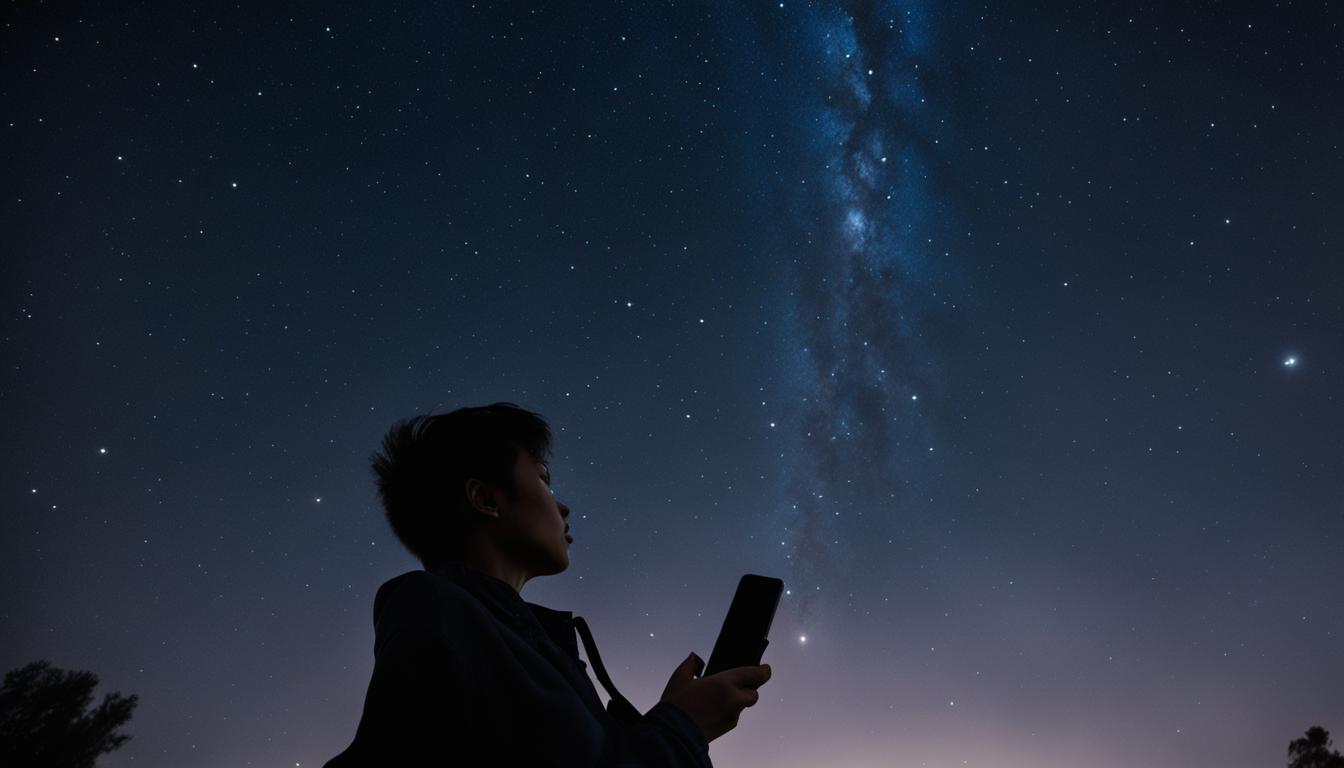 A person standing outside, looking up at the night sky with a determined expression. Above them, the stars form the shape of a heart. The person is holding their phone in their hand, with a message notification visible on the screen.