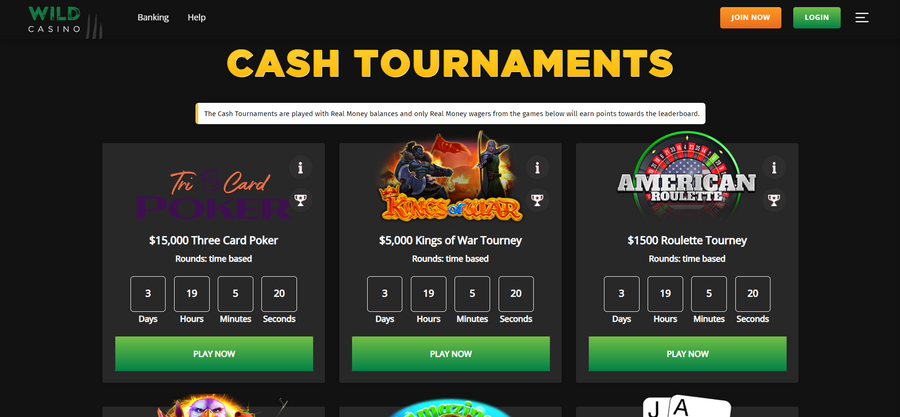 To cater to competitive players, Wild Casino offers an impressive list of table game tournaments almost every day of the week.