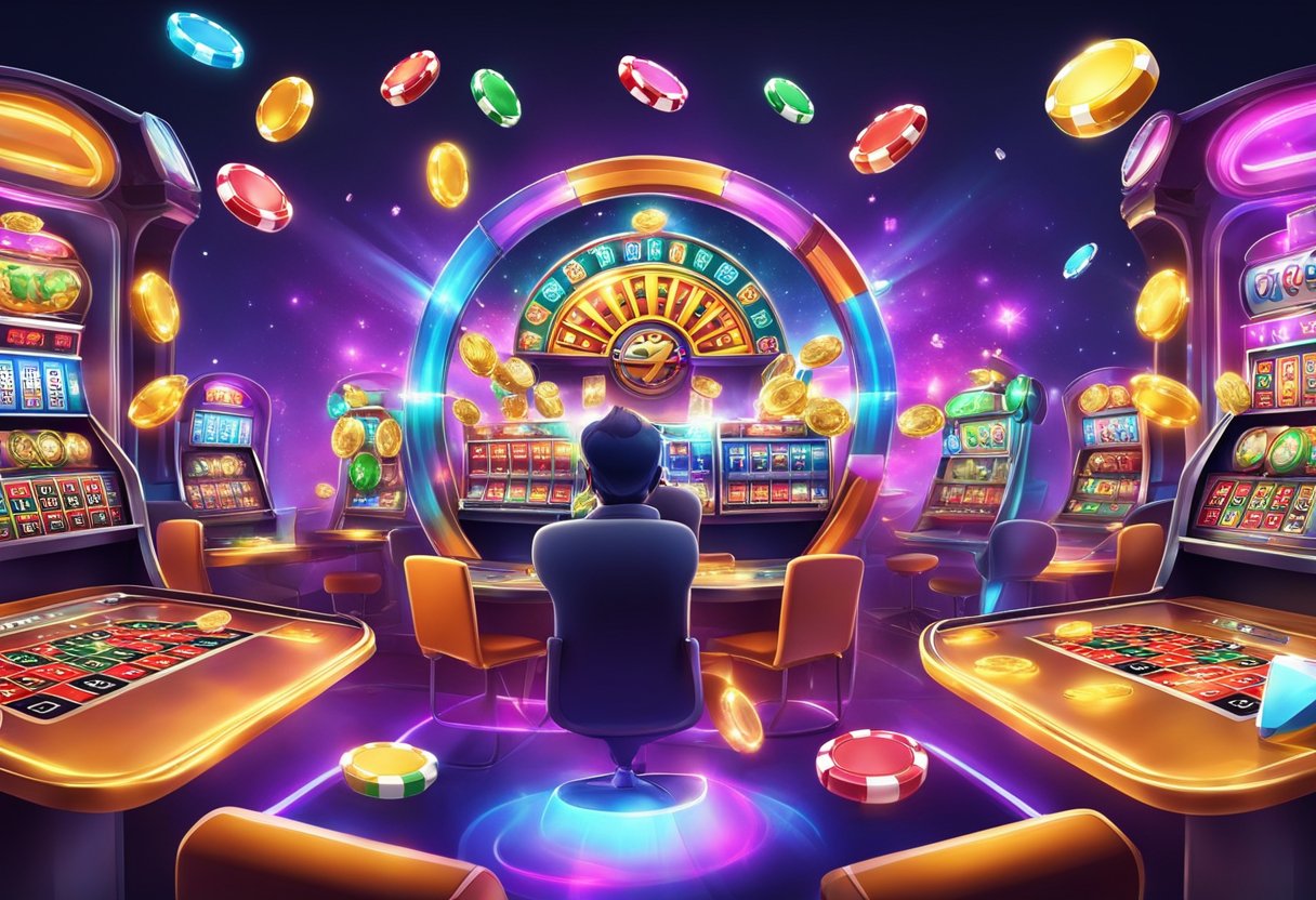 A colorful online casino and lottery world, filled with excitement and anticipation. Vibrant graphics and flashing lights create a dynamic and engaging atmosphere