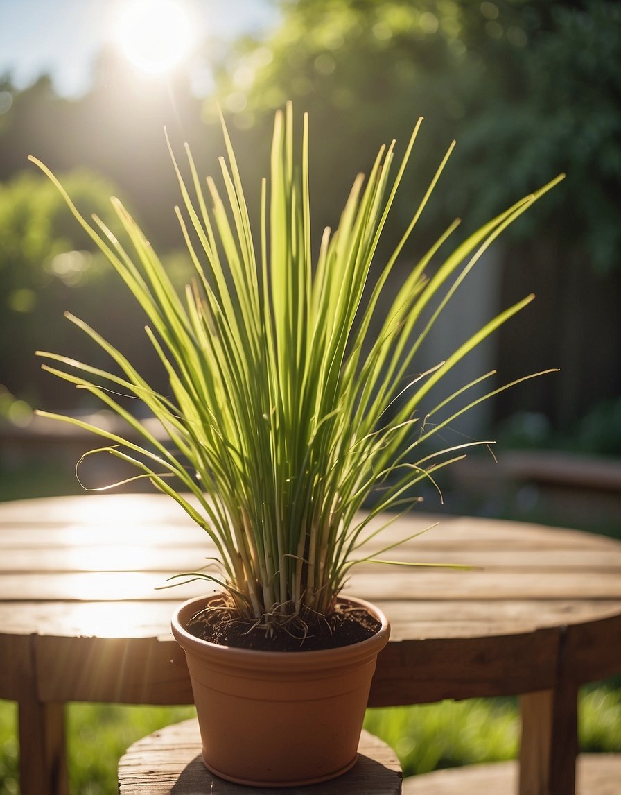Lemongrass plants repelling flies on a sunny patio