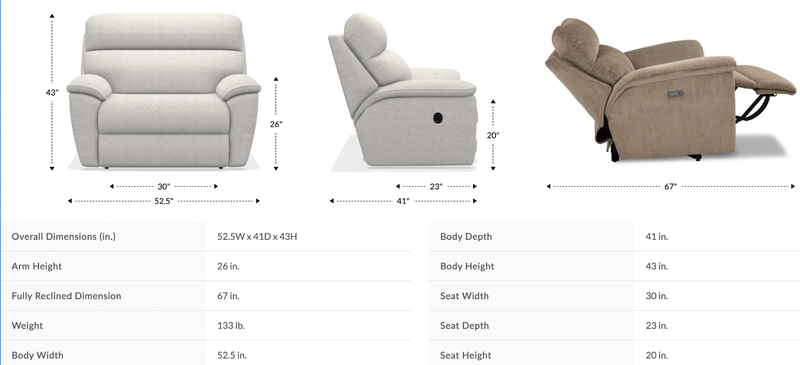 roman reclining chair and a half dimensions