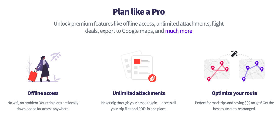 Premium features of Wanderlog like  Offline Access, Unlimited Attachments, and Optimize your Route