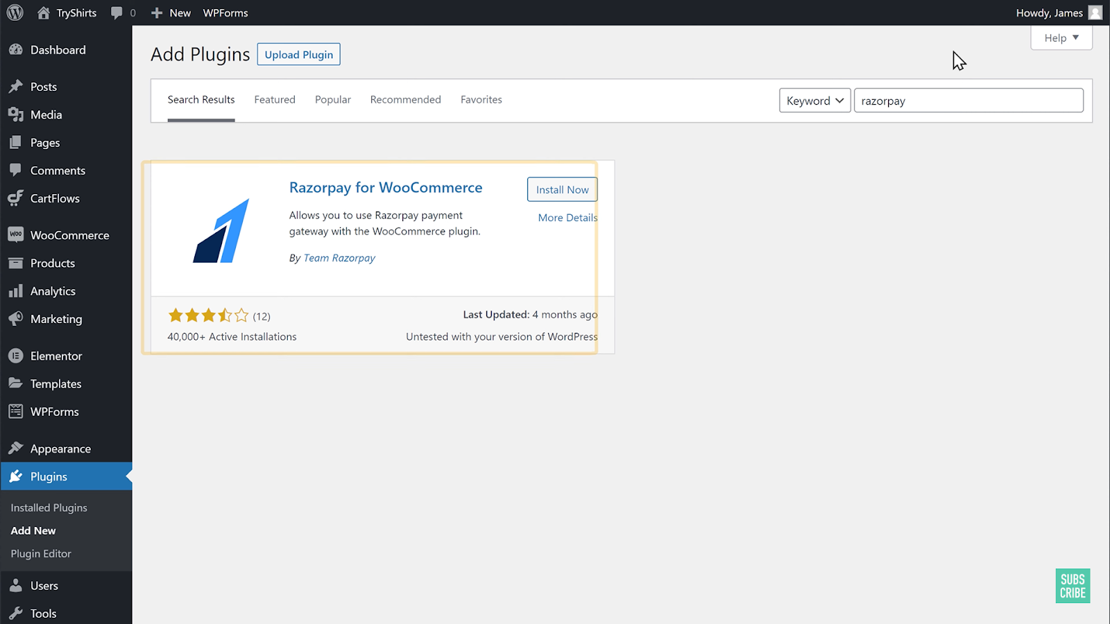 Image showing Razorpay plugin option on wordpress when we are searching razorpay on plugin search option