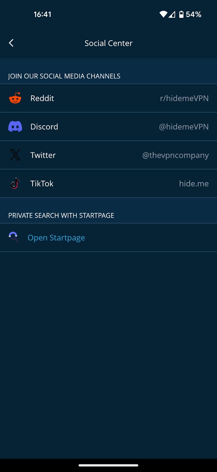 Screenshot of hide.me VPN Android and iOS app with Social center tab open and Startpage widget