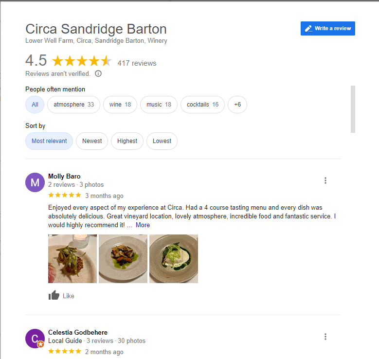 Screenshot from Circa Sandridge Barton Google reviews page.