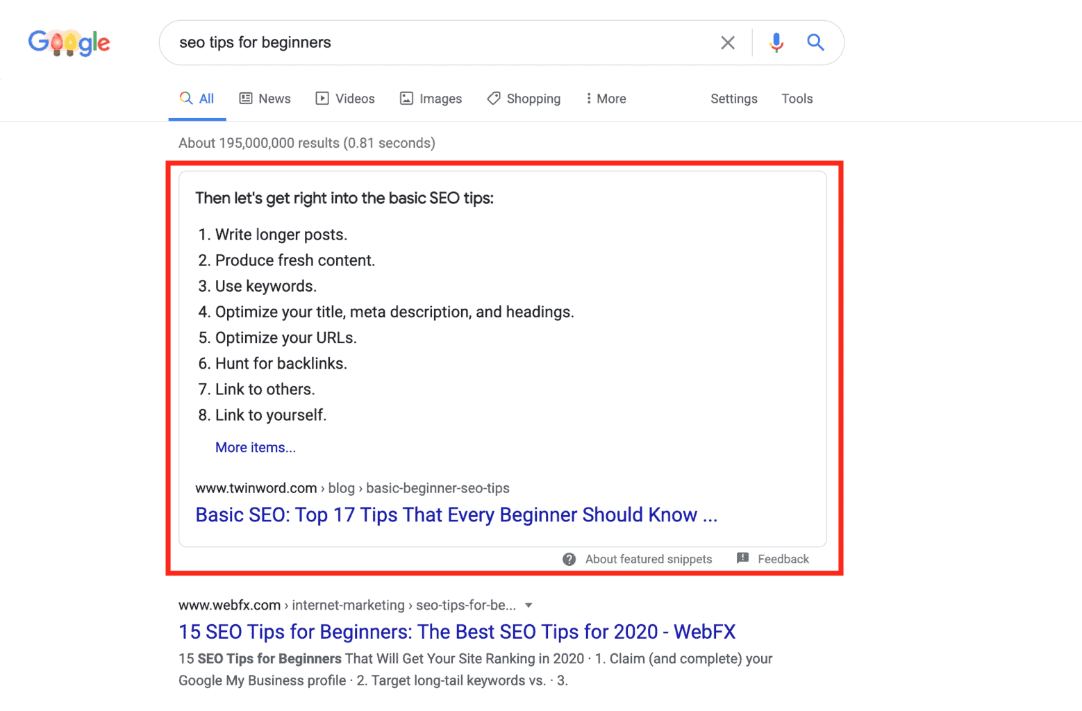 A screenshot of google with the query "seo tips for beginners" the featured image at the top goes right into the 8 basic SEO tips in bullet point form, which then links to the website. 