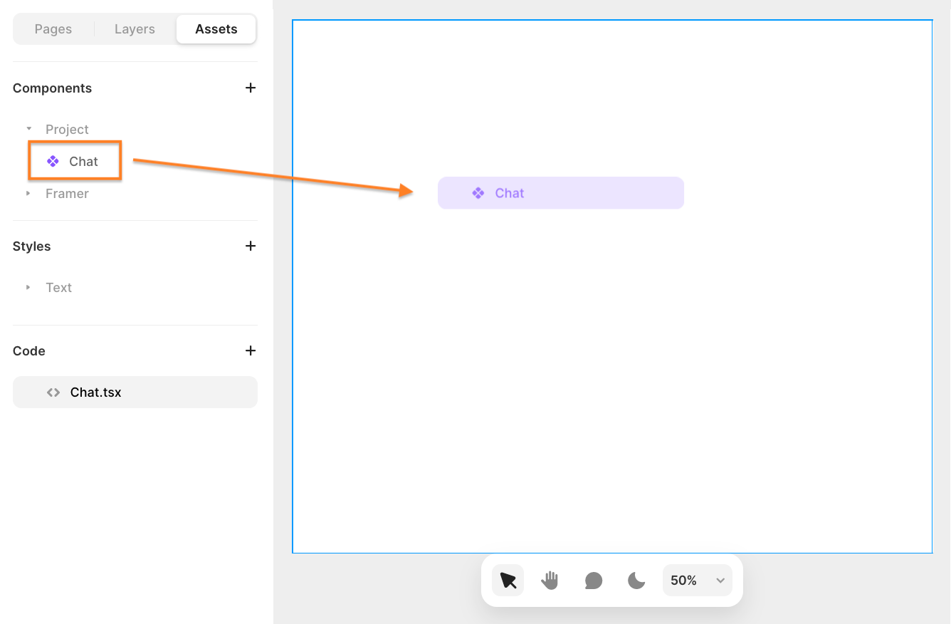 An empty Framer page, with on the left sidebar an overview of project assets. From the section ‘Components’, the ‘Chat’ component is dragged onto the page.