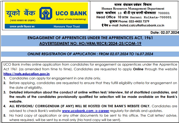 UCO Bank Apprentice Recruitment