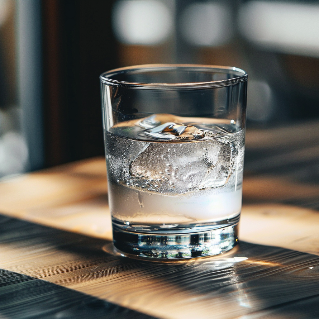 Glass of water with two cubed of ice in it. Glass is on the table and the sunglight is reaching the table. Drinking water is recommended to help with effects of smoking on hangovers.