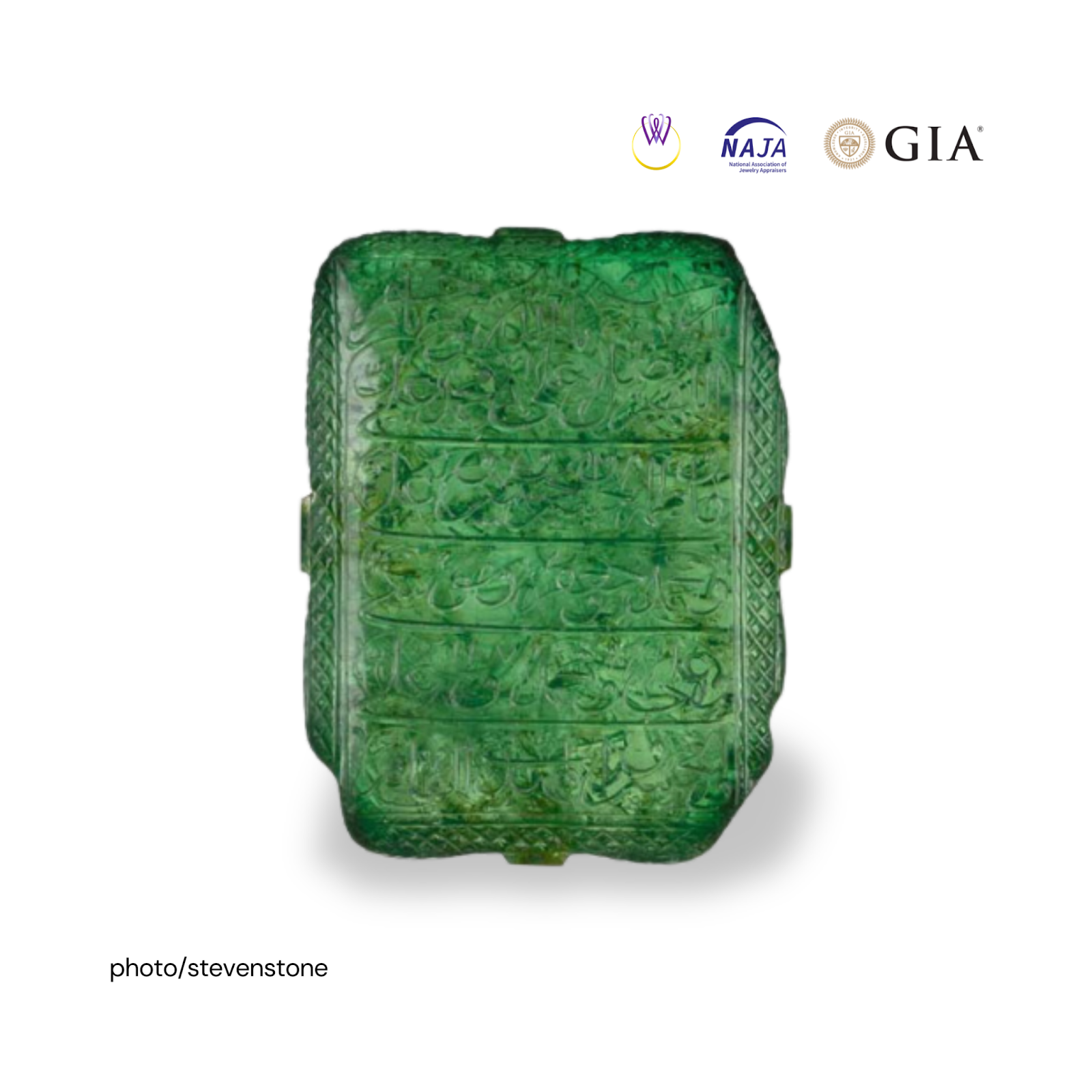 The Mogul Mughal Emerald, a 217.80-carat emerald with intricate carvings of Islamic prayers and floral designs.