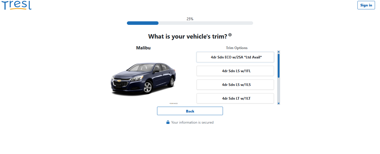 A car with a questionnaire on Tresl's website.