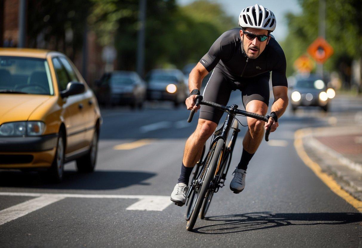 A cyclist swerves to avoid a pothole, narrowly missing a car. The cyclist wears a helmet and reflective gear