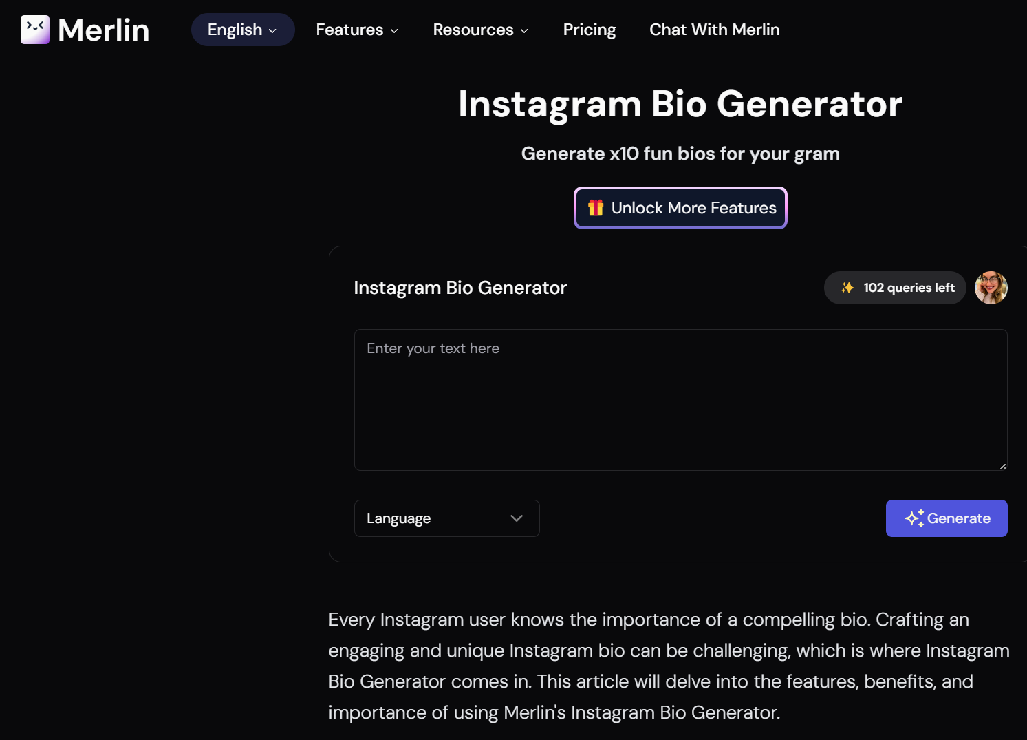 Generate x10 fun bios for your Instagram