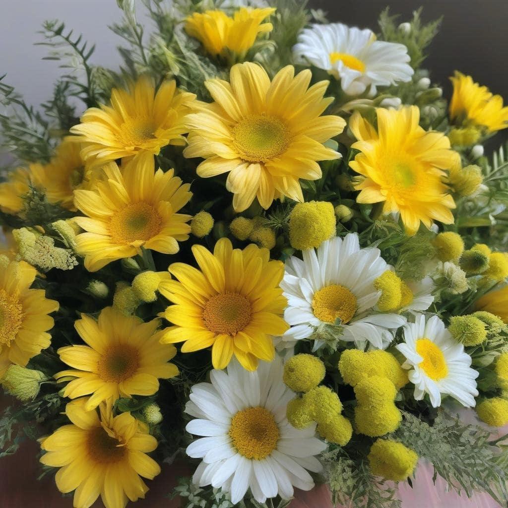 A bouquet of yellow and white flowers

Description automatically generated