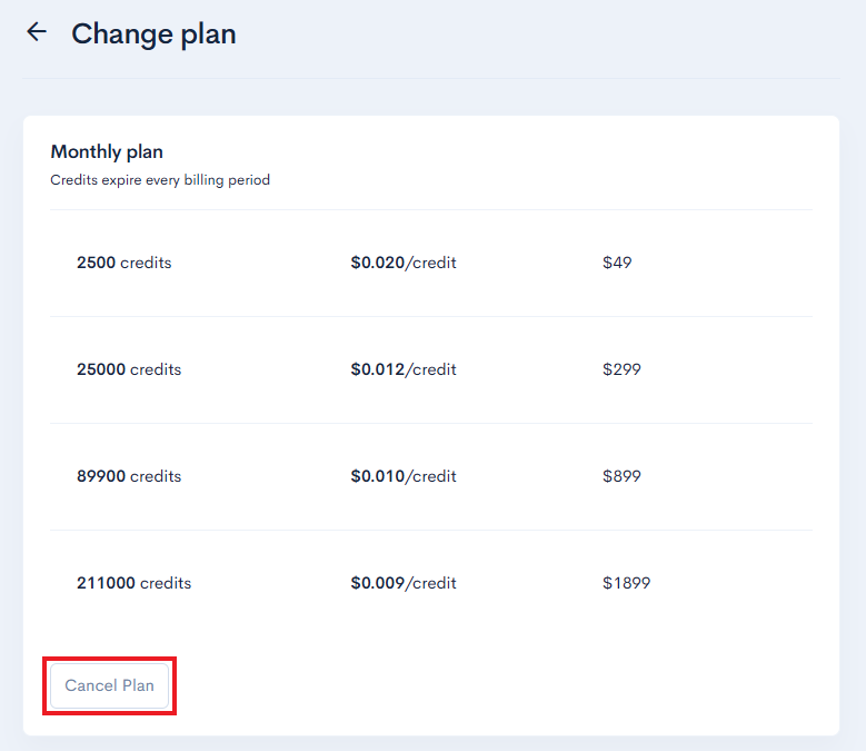 Cancel plan on Proxycurl dashboard