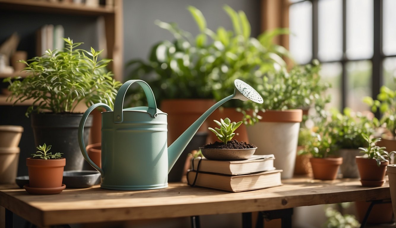 A bright, sunlit room with shelves of potted plants, gardening tools, and bags of soil. A watering can sits on a table next to a stack of gardening books