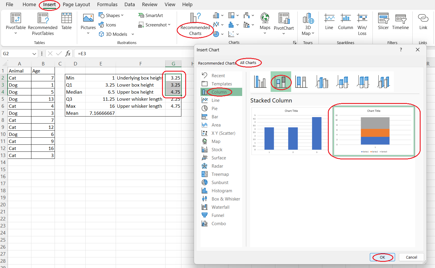 How to create the boxes for a box and whisker plot from scratch in Excel. Image by Author.