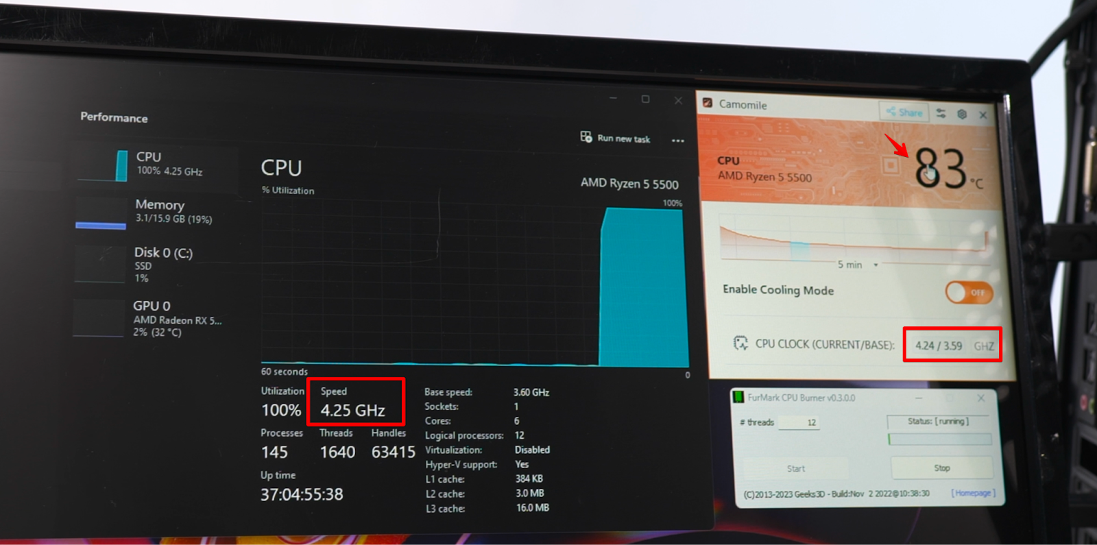 Clock speed and CPU temperature with Camomile disabled