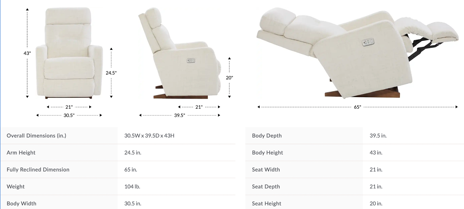 lennon power rocking recliner w/ headrest & lumbar dimensions