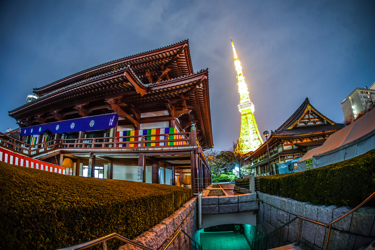 image of zozoji temple with illuminated tokyo tower in the background