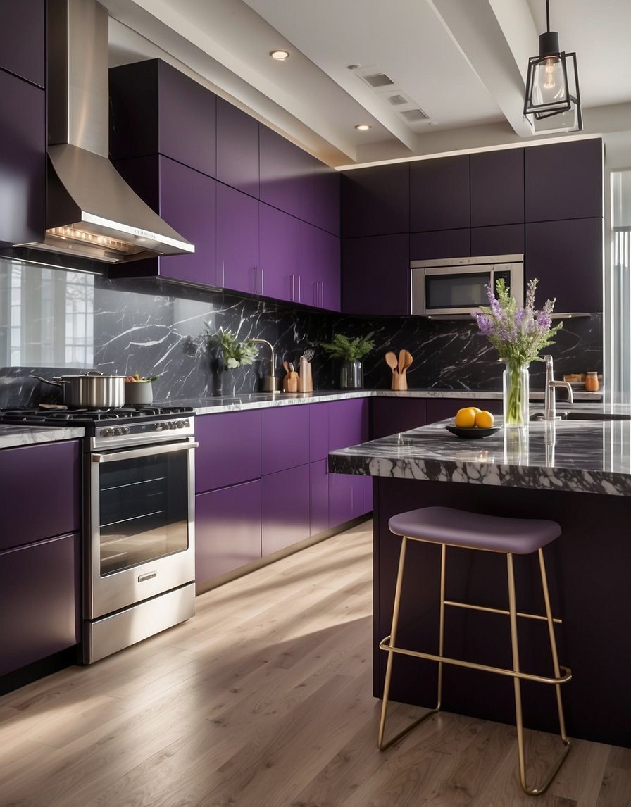 A modern kitchen with purple plum cabinets, sleek stainless steel appliances, and marble countertops. Bright natural light floods the space, creating a warm and inviting atmosphere