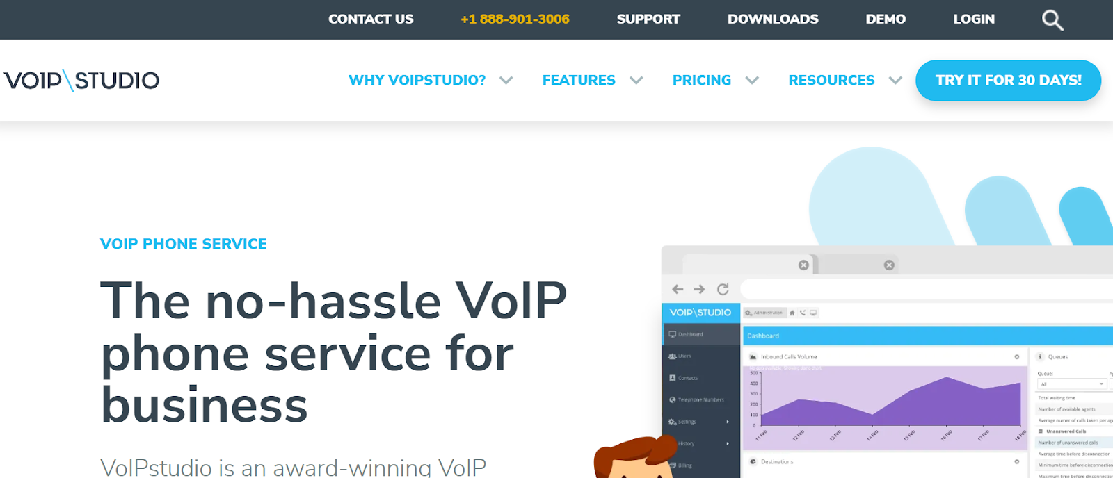 VoIPstudio website snapshot highlighting the services it offers.