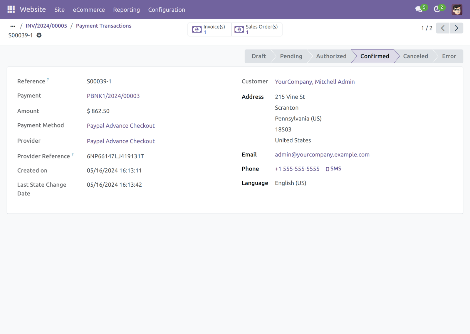 Odoo Website Paypal Advance Checkout Payment Acquirer