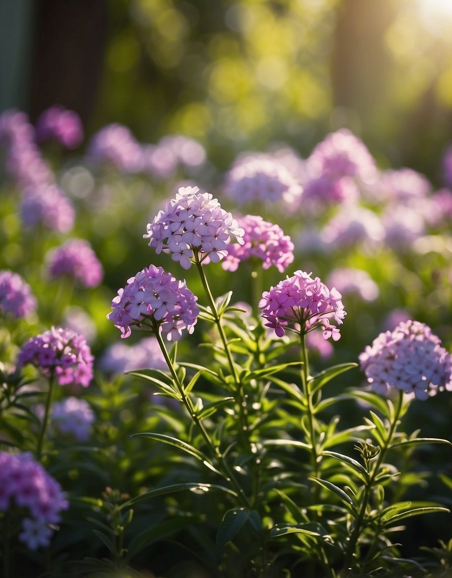 Lush garden filled with vibrant phlox flowers emitting a sweet, fragrant aroma. Tall green stems and colorful blooms create a picturesque scene