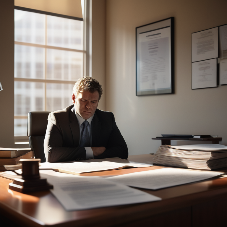 Individual considering legal advice on injury claims in a lawyer's office with legal paraphernalia.