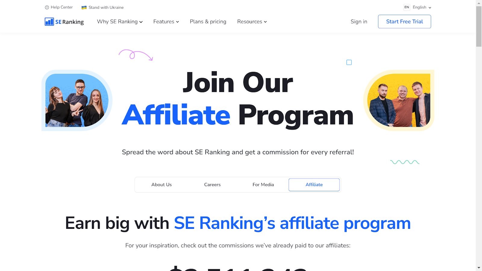 Screenshot from SE Ranking affiliate program landing page.