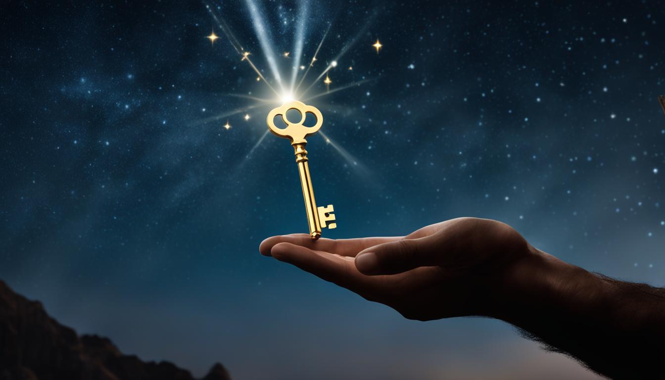 A golden key floating in front of a person's open hand, with a beam of light shining down on it from above. In the background, a night sky full of stars and a faint image of the person's dream. The person is looking at the key with determination and focus, as if ready to unlock their dream.