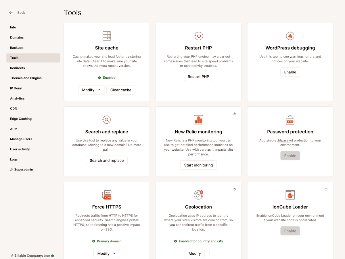 The Kinsta Tools tab showing options to manage the different server tools available.