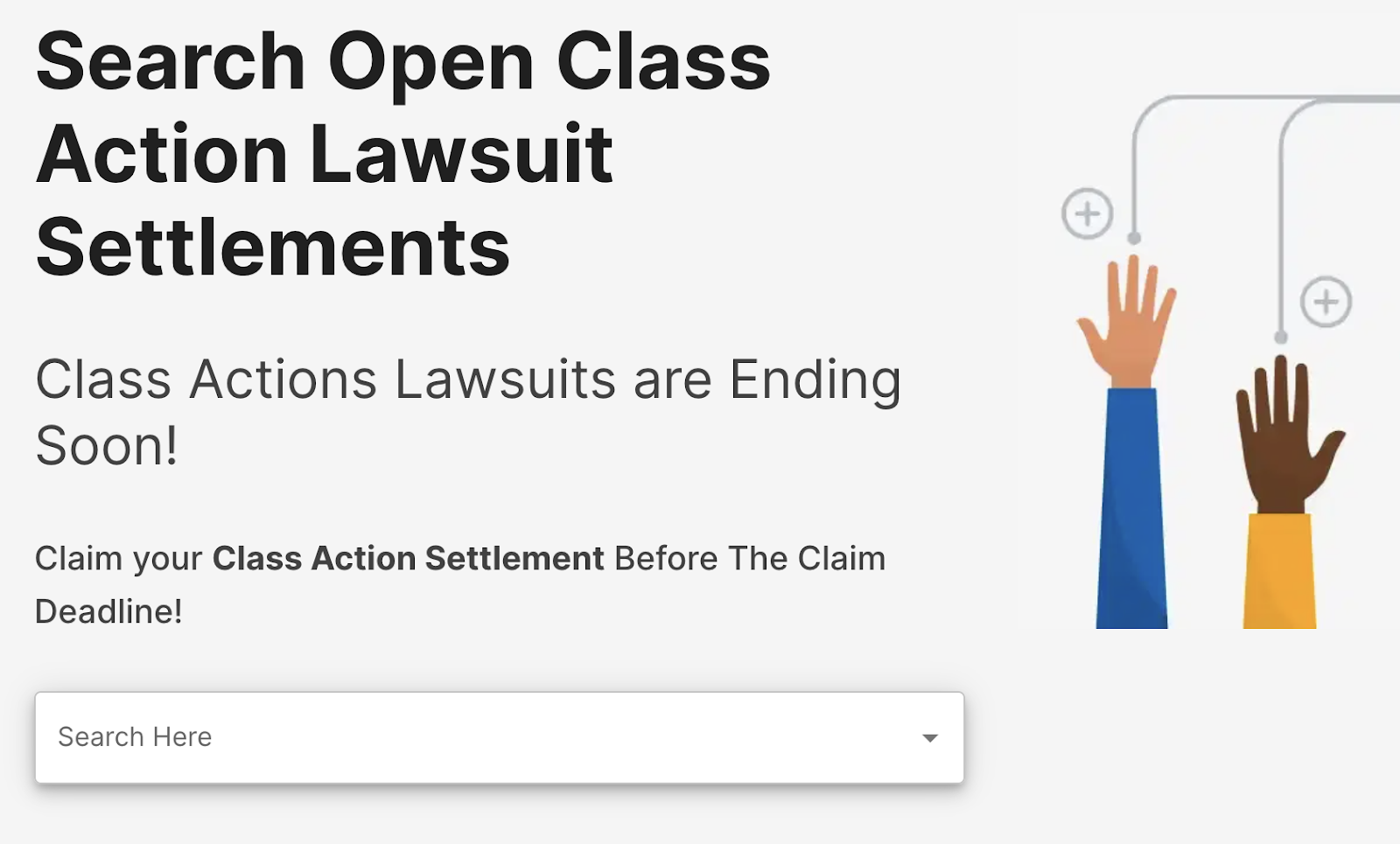 The InjuryClaims.com website offering the opportunity to search for open class action lawsuit settlements that you might qualify for.