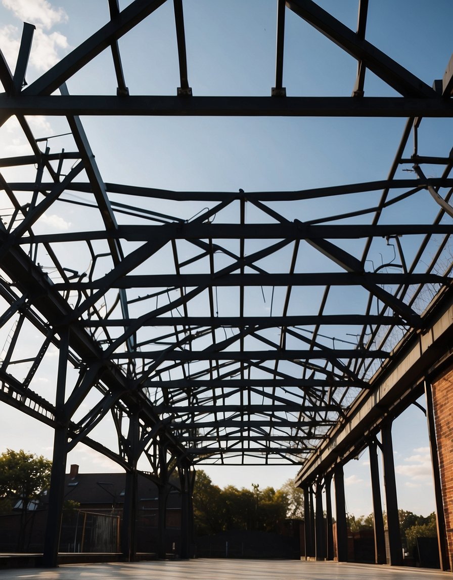 An industrial pergola stands tall with exposed beams, creating a striking silhouette against the sky. The sturdy structure exudes strength and modernity, with clean lines and minimalistic design